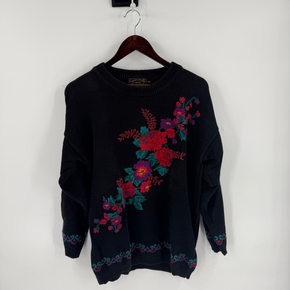 Eddie Bauer Sweater Black Medium Vintage 1991 Floral Cotton Knit Pullover